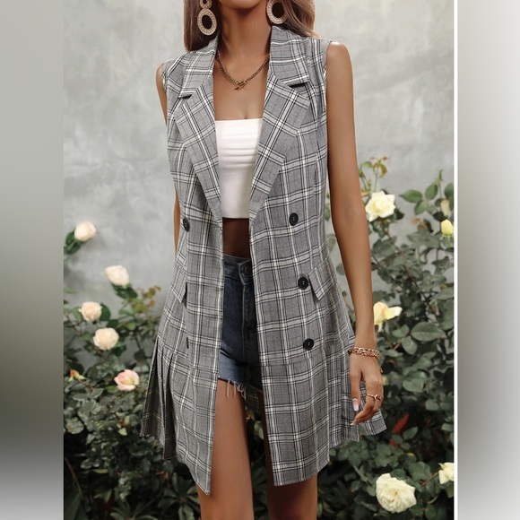 Plaid Double Breasted Pleated Hem Vest Blazer Dress - Picture 4 of 6